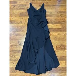 Betsey & Adam Candace V-Neck Hi-Low Cascade Dress Navy Size 14 Formal Elegant